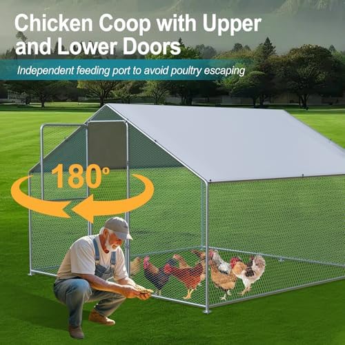 Large Chicken Coop, Chicken Coops for 10 Chickens, Chicken Runs for Yard with Water Poof & UV Resistance Cover, Spire Roof Chicken Coop Run with Double Lockable Doors for Outdoor Backyard