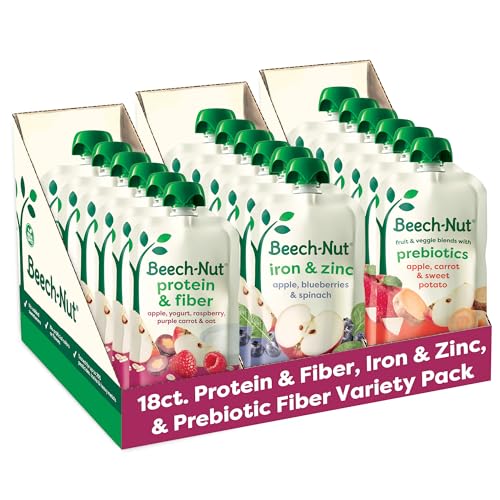 Beech-Nut Baby & Toddler Food Pouches Variety Pack, Protein & Fiber/Iron & Zinc/Prebiotic Fiber Fruit & Veggie Purees, 3.5 oz (18 Pack)