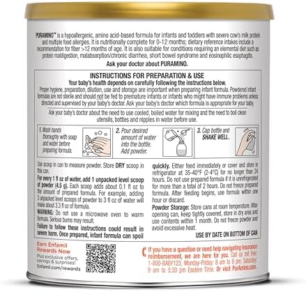 PurAmino Hypoallergenic Infant Drink, for Severe Food Allergies, Omega-3 DHA, Iron, Immune Support, Powder Can, 14.1 Oz (4 Count)