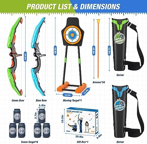 2 Pack Bow and Arrow with Moving Target for Kids, LED Light Up Archery Set with 24 Suction Cup Arrows, 6 Score Targets & 2 Quiver, Indoor Outdoor Sport Gifts for Boys Girls Ages 4-12