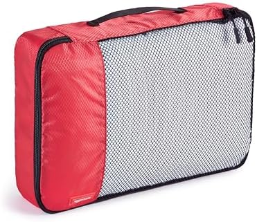 Amazon Basics Packing Cubes for Travel, Packing Organizers Set, 4-Piece-Set (Slim, Small, Medium, Large) With Double Zipper Pulls and Mesh Top Panel, 100% Durable Polyester, Red