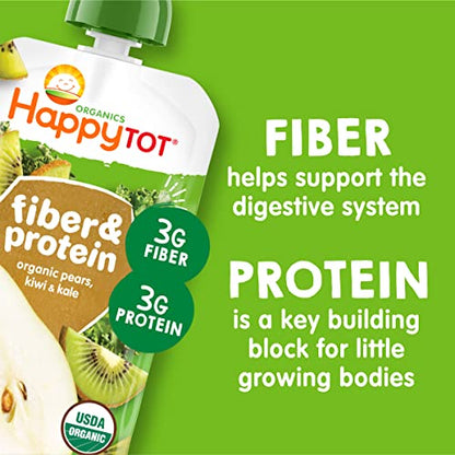 Happy Tot Organics Stage 4 Baby Food Pouches, Gluten Free, Vegan Snack, Fiber & Protein Fruit & Veggie Puree, Pears, Kiwi & Kale, 4 Ounce (Pack of 16)