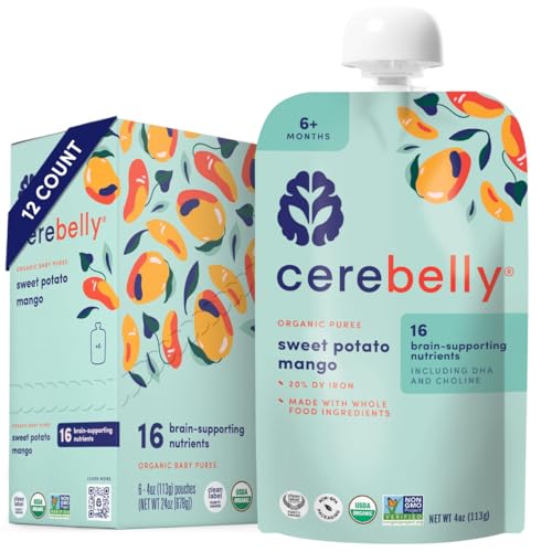 Cerebelly Organic Baby Food Pouches – Organic Veggie Purees for Toddlers | No Added Sugar, Fiber, Non-GMO | Blended Toddler Food | 4oz BPA-Free Baby Food | Sweet Potato Mango | 12 Count