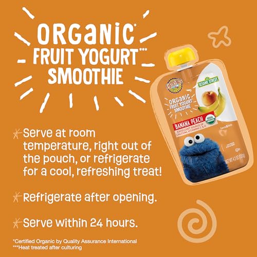 Earth's Best Organic Yogurt Smoothie Pouches, 24+ Months, Fruit Yogurt Smoothie for Toddlers 24 Months and Up, Banana Peach, 4.2 Ounce Resealable Pouch (Pack of 12)