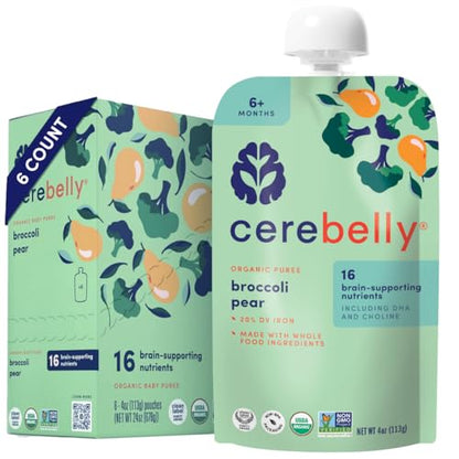Cerebelly Baby Food Pouches – Organic Veggie Purees for Toddlers | No Added Sugar, Fiber, Non-GMO | Blended Toddler Pouches | 4 Ounce BPA-Free Pouch | Broccoli Pear | 6 Count