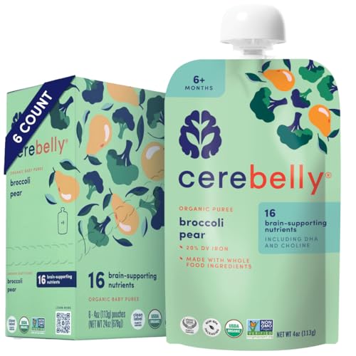 Cerebelly Baby Food Pouches – Organic Veggie Purees for Toddlers | No Added Sugar, Fiber, Non-GMO | Blended Toddler Pouches | 4 Ounce BPA-Free Pouch | Broccoli Pear | 6 Count