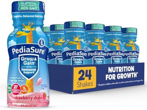 PediaSure Grow & Gain with Immune Support, 27 Vitamins & Minerals for Kids, 7g Protein, Non-GMO, Gluten-Free, Strawberry, 8-fl-oz Bottle, Pack of 24