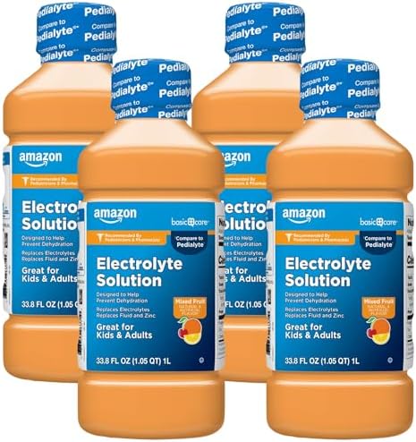 Amazon Basic Care Electrolyte Solution, Mixed Fruit, Designed to Prevent Dehydration, Replaces Electrolytes, Fluid and Zinc, 33.8 fl oz (Pack of 4)