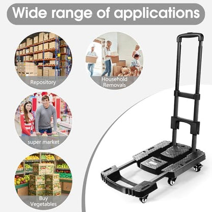Folding Hand Truck 500lbs, Portable Heavy Duty Dolly Cart, 6 Wheels Collapsible Luggage Cart with 2 Elastic Ropes - Compact Trolley Cart for Easy Moving - Ideal Hand Cart for Travel and More