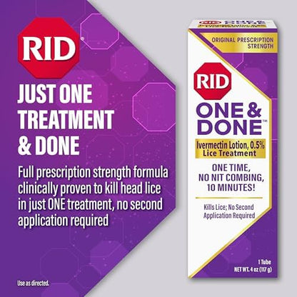 RID One & Done, Just One Application Head Lice Treatment, No Combing Required, Prescription Strength Ivermectin Lotion for Children & Adults, Eliminates Super Lice & Renders Eggs Non Viable