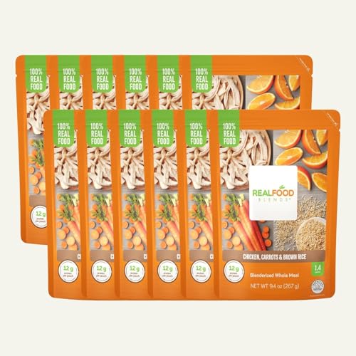 Real Food Blends Chicken, Carrots & Brown Rice - Pureed Food Meals for Tube Feeding with Protein, Vegetables & Fruits - 340 Calories for Lunch & Dinner - 9.4 oz (Pack of 12)
