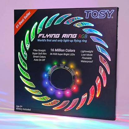 TOSY Flying Ring - 16 Million Color RGB or 12 LEDs, Super Bright, Lost Mode, Auto Light Up, Camping Essentials for Kids/Teens/Boy/Girl, Safe & Soft, Waterproof, Pool/Beach Games, Lightweight Toy