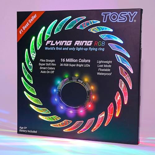 TOSY Flying Ring - 16 Million Color RGB or 12 LEDs, Super Bright, Lost Mode, Auto Light Up, Camping Essentials for Kids/Teens/Boy/Girl, Safe & Soft, Waterproof, Pool/Beach Games, Lightweight Toy