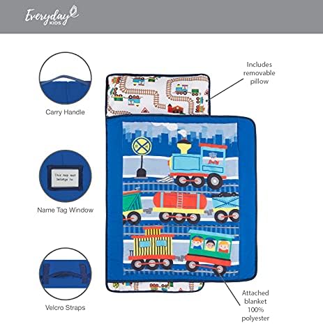 EVERYDAY KIDS Toddler Nap Mat with Removable Pillow -Choo Choo Train- Carry Handle with Fastening Straps Closure, Rollup Design, Soft Microfiber for Preschool, Daycare, Sleeping Bag - Ages 2-6 Years