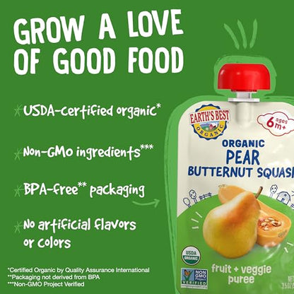 Earth's Best Organic Pear Butternut Squash Fruit + Veggie Puree 3.5 oz Pouch (Pack of 12)