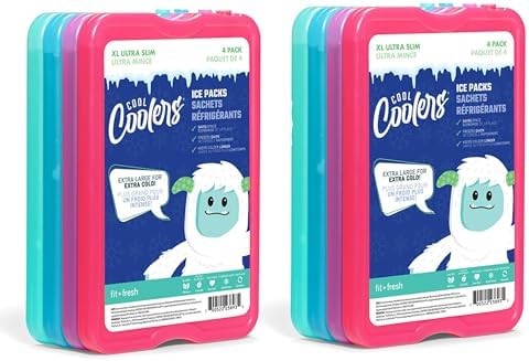 Cool Coolers by Fit & Fresh, Reusable & Long-Lasting XL Slim Ice Packs, Cold Packs for Cooler,Freezer Packs for Lunch Boxes Cooler Accessories for Lunch, Camping, Beach, and Work, 8PK, Multicolored