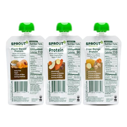 Sprout Organics Baby Food, Root Veg & Beef, Creamy Veg & Chicken, Plant-Based Chickpea Protein Pack, 8+ Months, 4 Oz Purees (Pack of 18)