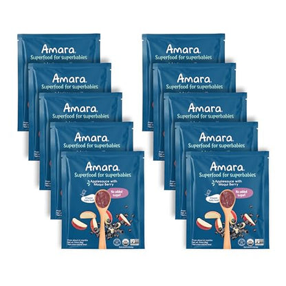 Amara Organic Baby Food - Stage 2 - Applesauce & Maqui Berry - Baby Cereal to Mix With Breastmilk, Water or Baby Formula - Shelf Stable Baby Food Pouches Made from Organic Fruit - 10 Pouches, 3.5oz Per Serving