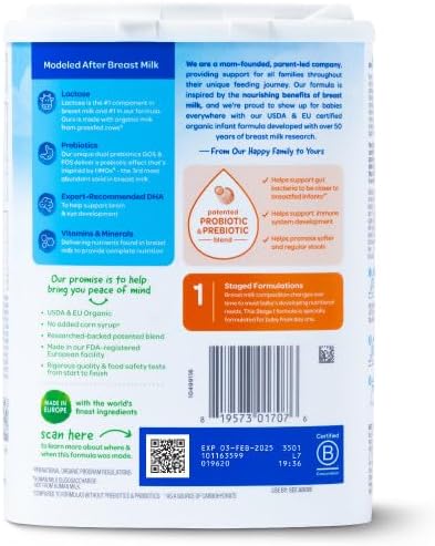 Happy Baby Organics Stage 1 Infant Formula, 0 12 Months, Milk Based Organic Baby Formula Powder with Iron, Probiotics & Prebiotics for Immune & Digestive Support, 22.9 Ounce (Pack of 3)