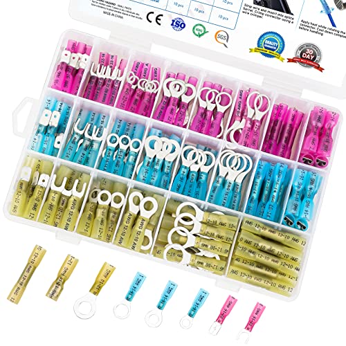 TICONN 250Pcs Heat Shrink Wire Connectors, Waterproof Automotive Marine Electrical Terminals Kit, Crimp Connector Assortment, Ring Fork Spade Splices