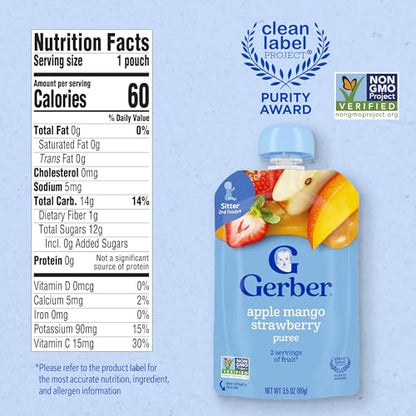 Gerber Stage 2 Baby Food, Apple Mango Strawberry Puree Pouch, 2 Servings of Fruit, No Added Sweetener, No Artificial Colors or Flavors, 12-Pack