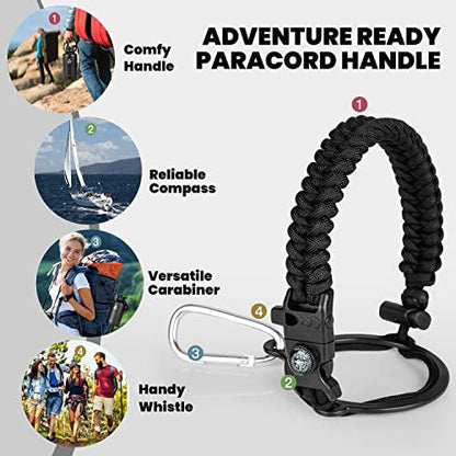 Insulated Water Bottle 64 oz, Triple Wall Vacuum Stainless Steel (Cold for 48 Hrs), Leak Proof & Non-BPA, Half Gallon Water Flask Jug with Paracord Handle & Straw Spout Lids, Magic Black