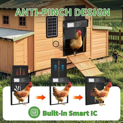 ONKO Automatic Chicken Coop Door Solar Powered with LCD Display, Automatic Chicken Door with Timer & Light Sensor - Remote Control, Anti-Pinch Safety Design & Durable Aluminum Alloy Construction