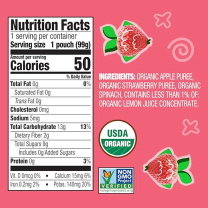 Earth's Best Organic Baby Food Pouches, 6+ Months, Fruit and Vegetable Puree for Babies 6 Months and Up, Organic Strawberry, Apple, and Spinach, 3.5 Ounce Resealable Pouch (Pack of 12)