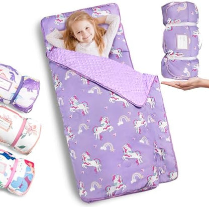 Primlect Thickened Toddler Nap Mat with Removable Pillow and Minky Blanket, Extra Large 55''x35'' Sleeping Bag, Washable, Roll up, Perfect for Daycare, Preschool, Kindergarten, Boys and Girls Unicorn