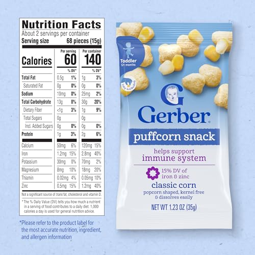 Gerber Toddler Snacks, Snacks for Kids, Kernel Free, Heart Shaped Puffcorn Snack, Classic Corn Flavor, Zinc and Iron Helps Support Immune System, 7-Pack