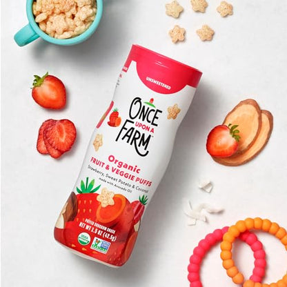 Once Upon A Farm Strawberry, Coconut & Sweet Potato Puffed Sorghum Snack, Fruit & Veggie Puffs, Non GMO, 1.5 Ounces (Pack Of 6)