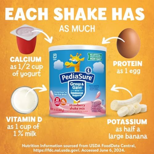 PediaSure Grow & Gain with Immune Support Shake Mix Powder, 23 Vitamins & Minerals, 6g Protein, Non-GMO, Gluten-Free, Strawberry, 14.1 oz Can, Pack of 3—24 Servings
