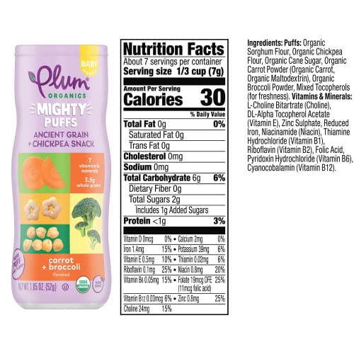 Plum Organics Mighty Puffs Organic Baby Food - Carrot and Broccoli - 1.85 oz Canister (Pack of 6) - Ancient Grains and Chickpea Snacks