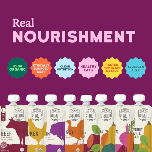 Serenity Kids 6+ Months Meats + Veggies Mixed Baby Food Puree Pouch Variety Pack - No Sugary Fruits or Added Sugar - 3.5 Oz BPA & Allergen Free Pouch- Baby Puree Variety Pack (3.5 Ounce (Pack of 8))