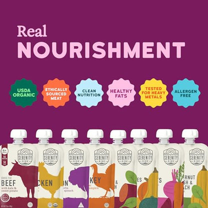 Serenity Kids 6+ Months Meats + Veggies Mixed Baby Food Puree Pouch Variety Pack - No Sugary Fruits or Added Sugar - 3.5 Oz BPA & Allergen Free Pouch- Baby Puree Variety Pack (3.5 Ounce (Pack of 8))