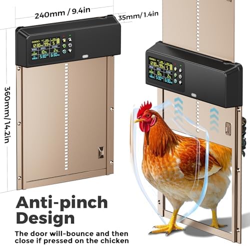 Automatic Chicken Coop Door Solar Powered with Remote Control, Timer and Light Sensor, 4 Modes, Color LCD Display, Aluminum Chicken Door with Adjustable Anti-Pinch