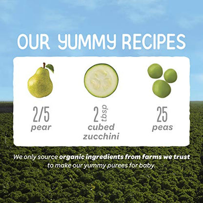 Happy Baby Organics Stage 2 Baby Food Pouches, Gluten Free, Vegan & Healthy Snack, Clearly Crafted Fruit & Veggie Puree, Pears, Zucchini & Peas, 4 Ounces (Pack of 16)