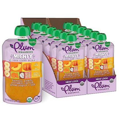 Plum Organics Mighty 4 Organic Toddler Food - Banana, Peach, Pumpkin, Carrot, Greek Yogurt, and Oat - 4 oz Pouch (Pack of 12) - Organic Fruit and Vegetable Toddler Food Pouch