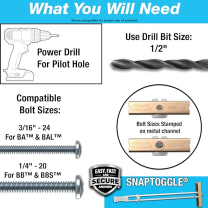 TOGGLER SNAPTOGGLE Heavy-Duty Drywall Toggle Bolt – 3/16"-24 UNC Zinc-Plated Anchor for Hollow Walls, Plaster & Tile – Holds 238 lbs in 1/2" Drywall, Easy Install – 50 Pack (W/O Bolts)