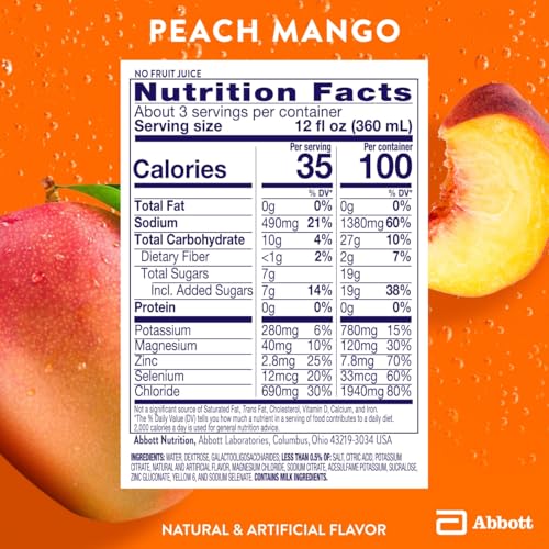 Pedialyte with Immune Support Electrolyte Solution, Hydration Drink with Zinc, Selenium, and Magnesium, Peach Mango, 1 Liter, Pack of 4