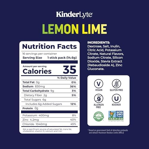 Kinderlyte Advanced Electrolyte Powder for Kids and Adults - Drink Mix Hydration Packets (Lemon Lime, 16 Count), with PreMax Prebiotics, No Artificial Sweeteners or Flavors, No Synthetic Dyes