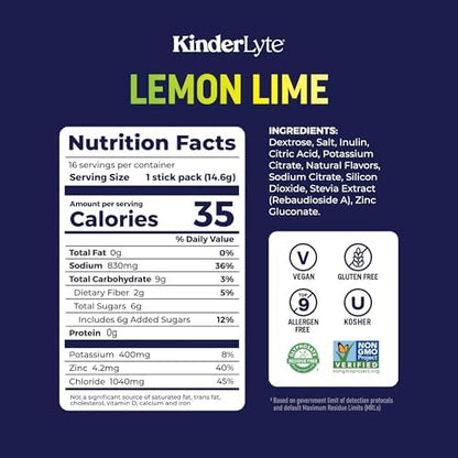 Kinderlyte Advanced Electrolyte Powder for Kids and Adults - Drink Mix Hydration Packets (Lemon Lime, 16 Count), with PreMax Prebiotics, No Artificial Sweeteners or Flavors, No Synthetic Dyes