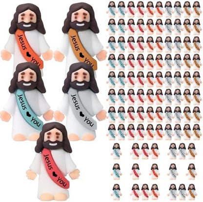 Bememo 100 Pcs Little Jesus Figures Jesus Loves You Original Design Rubber Pocket Toys Little Figures to Hide and Seek Sunday School Religious Party Share Gifts(Bohemian Color)