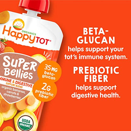 Happy Tot Organics Super Bellies Stage 4, Organics Banana, Carrot and Strawberry (Pack of 16) & Stage 4 Fiber & Protein 4 Flavor Variety Pack (Pack of 16)