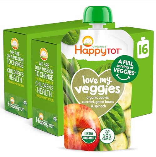 Happy Tot Organics Stage 4 Baby Food Pouches,Gluten Free, Vegan Snack, Love My Veggies, Fruit & Veggies Puree, Apples, Zucchini, Green Beans & Spinach 4.22 oz Pouch (Pack of 16)