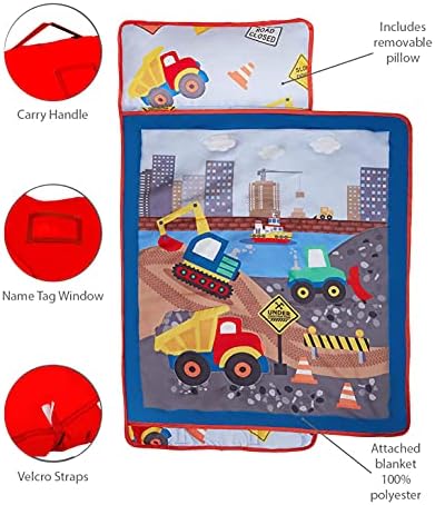 EVERYDAY KIDS Toddler Nap Mat with Removable Pillow -Under Construction- Carry Handle with Fastening Straps Closure, Rollup Design, Soft Microfiber for Preschool, Daycare, Sleeping Bag -Ages 2-6 years