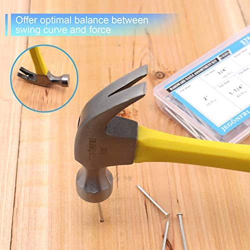 376pcs Hardware Assortment Kit With 2" Nails & 8oz Claw Hammer for Hanging Pictures, Finishing, Wall, Small, Wood Nails and Hammer