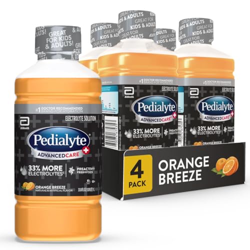 Pedialyte AdvancedCare Plus Electrolyte Hydration Drink, Has 33% More Electrolytes and Has PreActiv Prebiotics, Orange Breeze, 1 Liter, Pack of 4