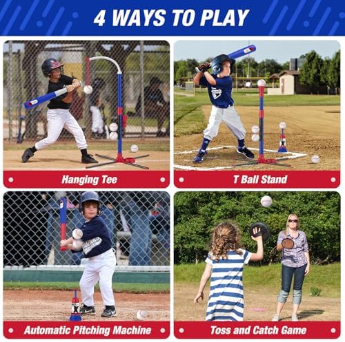 4 in 1 T Ball Sets for Kids 3-5 with Toss and Catch Ball Set, Hanging Tee Stand with Auto Pitching Machine/ 2 Bats, Indoor Outdoor Toys Birthday Baseball Gifts for Toddler Boys Girls, Blue