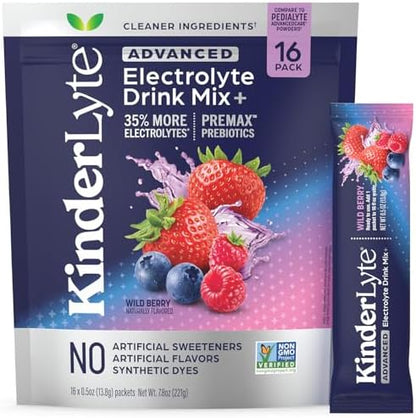 Kinderlyte Advanced Electrolyte Powder for Kids and Adults - Drink Mix Hydration Packets (Wild Berry, 16 Count), with PreMax Prebiotics, No Artificial Sweeteners or Flavors, No Synthetic Dyes